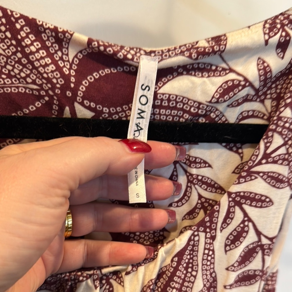 Soma Cream and Burgundy Ruched waist Midi Dress - Picture 2 of 5